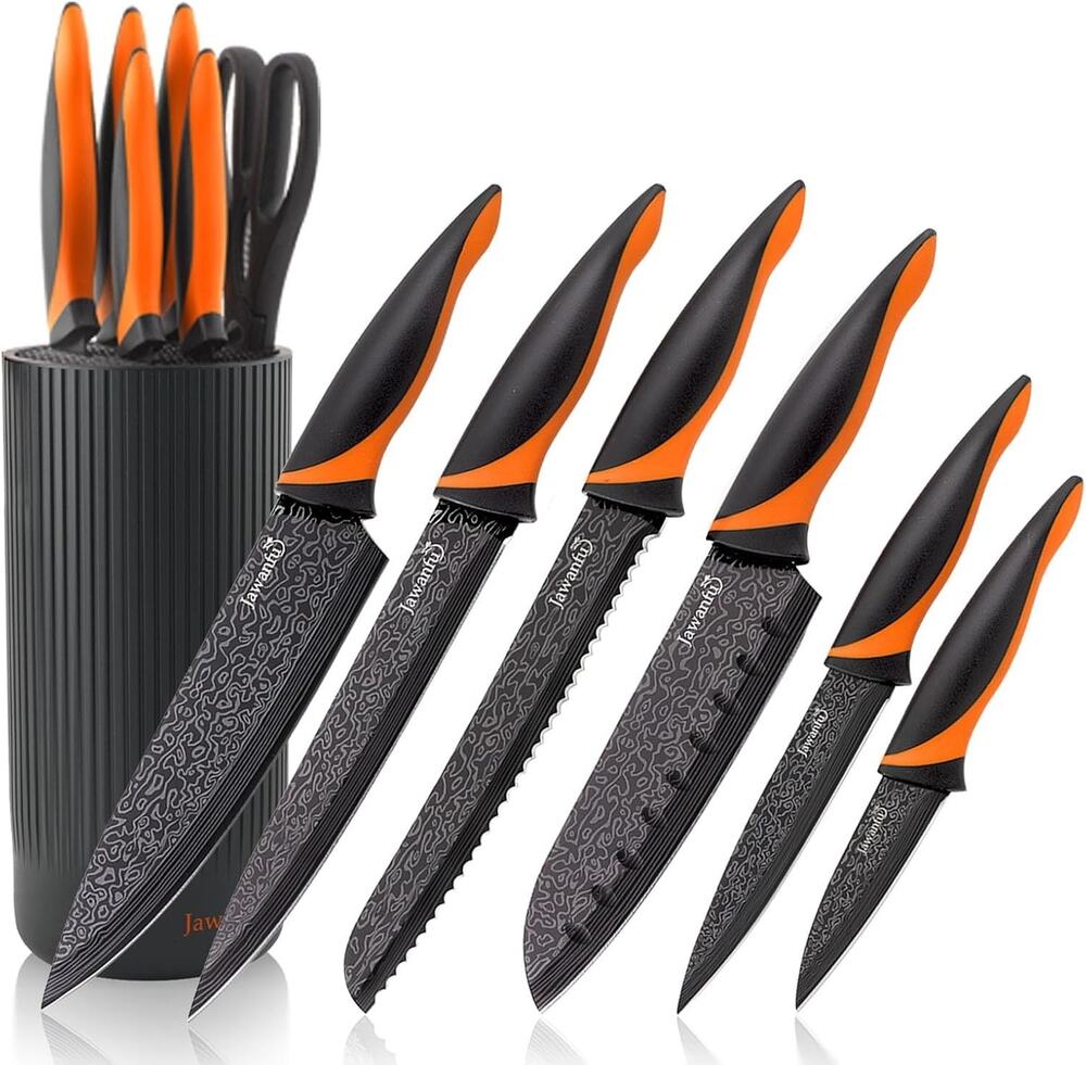 Jawanfu 8 Piece Knife Set Black & Orange Damascus Pattern NIB